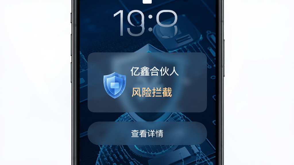 手机锁屏界面显示“亿鑫合伙人”安全通知,带有盾牌图标和“风险拦截”字样,下方有“查看详情”按钮,背景为深蓝色科技纹理,光效柔和,氛围安全可靠,画质干净,无多余元素