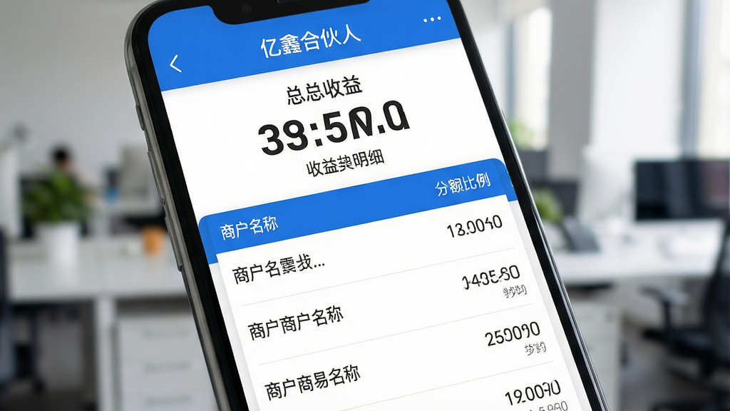 手机屏幕特写展示“亿鑫合伙人”收益明细页面,上方显示总收益数字,下方为逐条交易记录列表,每条记录包含商户名称、金额和分润比例,界面蓝白配色,数据清晰排列,背景为虚化办公环境,画质清晰,干净无多余元素