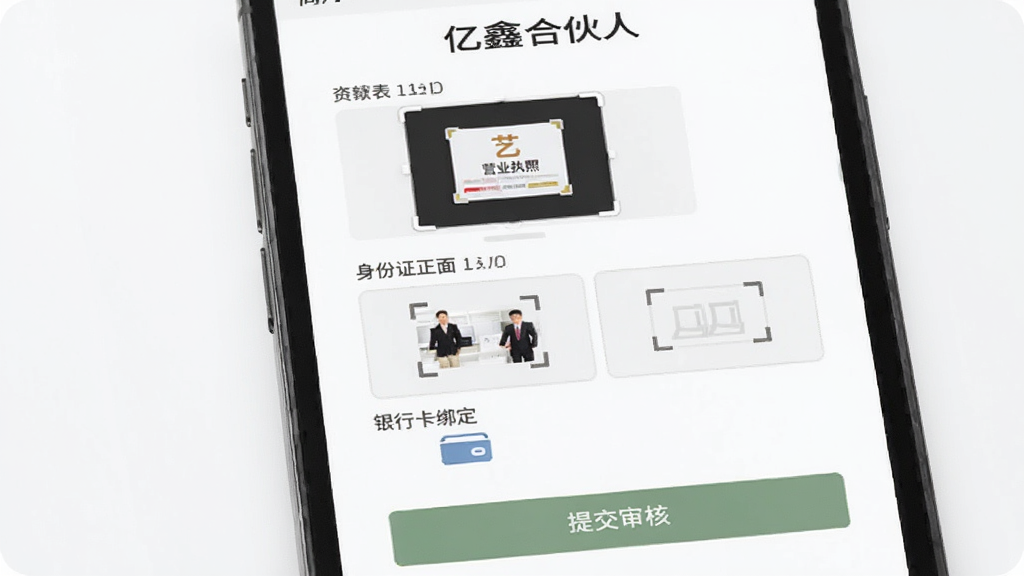 展示“亿鑫合伙人”商户入网流程界面,手机屏幕上显示资料上传表单,包含营业执照拍摄框、身份证正反面放置区、银行卡绑定图标,旁边有“提交审核”按钮,整体风格简洁,浅色背景,商务感强,画质干净,无多余元素
