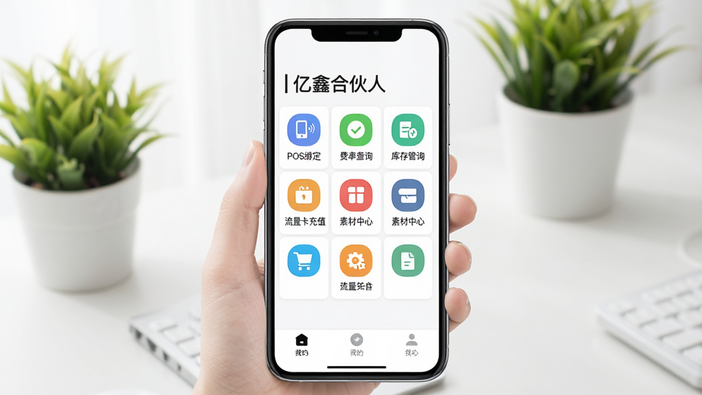 手机屏幕展示“亿鑫合伙人”工具中心,九宫格图标排列包含POS绑定、费率查询、库存管理、流量卡充值、素材中心等,底部有“我的”标签栏,背景为简约桌面,绿植点缀,界面明亮,画质干净,无多余元素