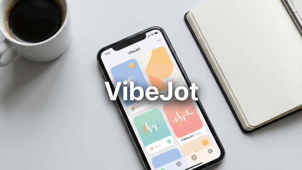 һ�Ÿ����Ʒչʾͼ�������������������ֻ��ϵ�VibeJotӦ�ý��棬������ÿ�Ƭʽ���֣�ɫ��������ͣ�����Ϊ�ɾ���ǳ��ɫ����̨������ڷ���һ�����Ⱥ�һ�������ıʼǱ������岼���������Ű��������£�����ִ���Լ��ϸ�ڷḻ������ϸ�壬�ɾ��޶���Ԫ�أ�ͼƬ������Ŀ����ʾ��Ӧ������