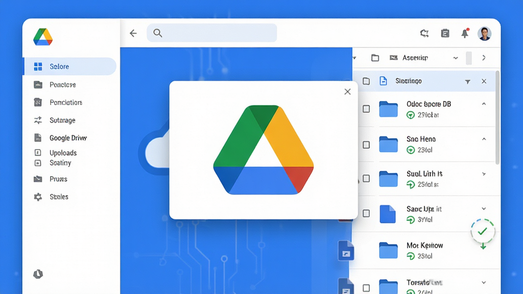 ���壺Google Drive��ͼ����ƶ˴洢���棬չʾ�ļ��ϴ���ͬ�����������̣����֣����Ϊ���ܵ��������Ҳ�Ϊ�ļ��б�������ͻ����ʾһ�����С�Google Drive���������������ڣ��Ű棺��������Ĳ㼶�ṹ�����η���������ִ��Ƽ��У���ɫ���ɫΪ��ɫ������ƽ����ƣ�ϸ�ڣ��ļ�ͼ�ꡢ�ļ��С�ͬ��״̬��ʶ�����ɼ������ʣ�����ϸ�壬�ɾ��޶���Ԫ��