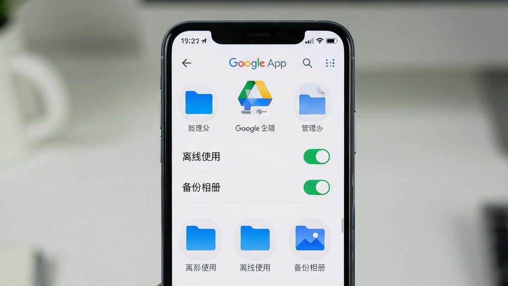 ���壺�ֻ���Ļ����ʾGoogle Drive App���ļ��������棬����������ʹ�á��͡�������ᡱ�Ŀ��ذ�ť�����֣��ֻ��������У��������������Ű棺ͼ�������˵�����ţ������ˬ�Ľ�����ɫ����ͣ�ϸ�ڣ���ص���ͼ�ꡢ����״̬���ļ�����ͼ�����ʣ�����ϸ�壬�ɾ��޶���Ԫ��