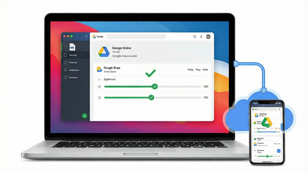 ���壺һ̨�ʼǱ����Ժ�һ���ֻ�ͬʱ��ʾGoogle Drive��ͬ�����棬�ļ�״̬ͼ�꣨����ɫ�Թ��������ɼ������֣�������Ļ���У��ֻ�λ�����½ǣ�����ͨ���ƶ�ͼ�����ӣ��Ű棺�Ա�������ͻ�����豸ͬ���ĸ�����дʵ���ƽ����ϣ�ɫ��������ϸ�ڣ��ļ����ơ�ͬ�����������豸ģ�ͣ����ʣ����壬�ɾ����޶���Ԫ��