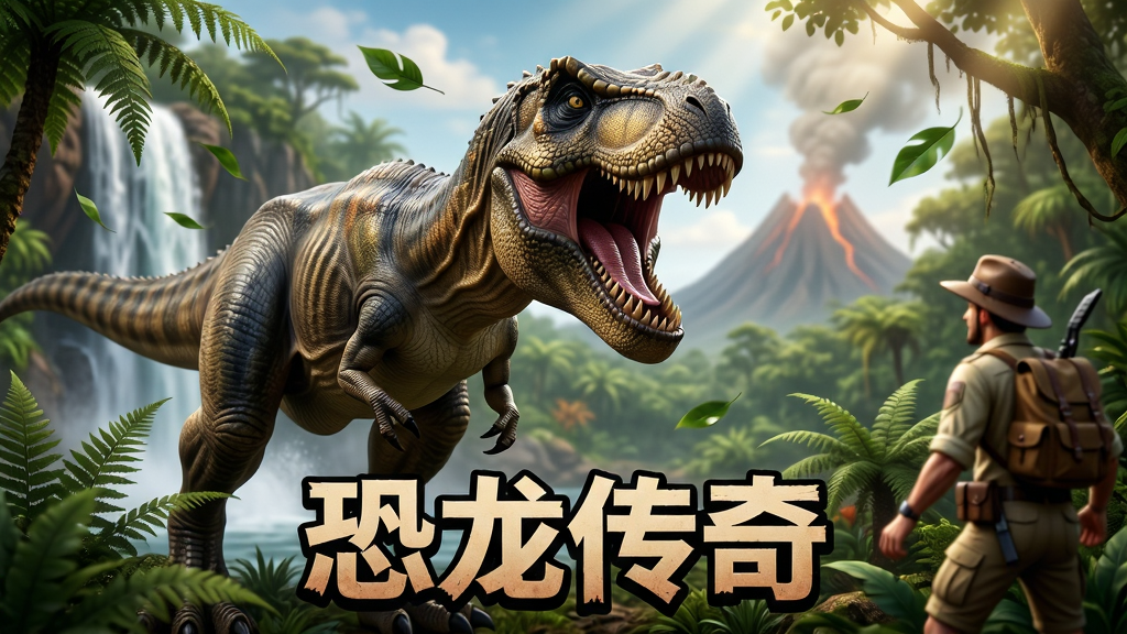 主体:一只巨大的霸王龙在茂密的侏罗纪丛林中昂首咆哮,周围有蕨类植物和飞溅的瀑布,远处隐约可见火山。布局:霸王龙居中偏左,视线引导至右侧的探险家角色,形成对峙感。排版:画面下方中央位置添加游戏名称“恐龙传奇”艺术字,字体粗犷有力。风格:写实CG渲染风格,色彩浓郁,光影层次丰富。细节:恐龙皮肤纹理清晰,鳞片质感真实,树叶随风飘动,阳光透过树冠洒下光斑。画质:8K超高清,细节丰富,干净,无多余元素。