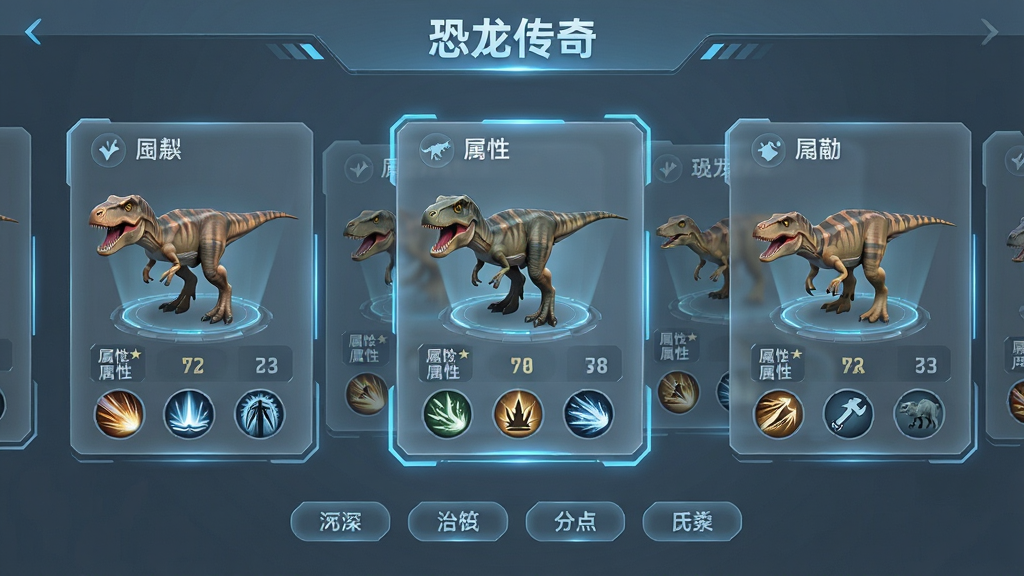 主体:游戏内恐龙图鉴界面,展示多种恐龙的3D模型和详细数据。布局:界面采用横向滑动卡片式设计,每种恐龙占据一张卡片,包含名称、属性、技能图标。排版:上方有“恐龙传奇”字样,下方为分类筛选按钮。风格:科技感UI设计,蓝灰色调,半透明材质。细节:恐龙模型带有动态展示效果,卡片边缘有发光线条。画质:高清渲染,界面干净,无多余元素。