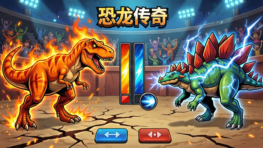 主体:两只恐龙在竞技场中对峙,一只为火焰属性的霸王龙,另一只为雷电属性的剑龙,周围有观众席和能量特效。布局:对战双方分别位于画面左右两侧,中间为能量槽和技能按钮。排版:画面顶部显示“恐龙传奇”LOGO,底部有战斗操作按钮。风格:动感漫画风格,色彩鲜明,特效华丽。细节:恐龙身上有元素光环,地面有裂纹和火花,技能光效强烈。画质:高帧率渲染,画面干净,无多余元素。