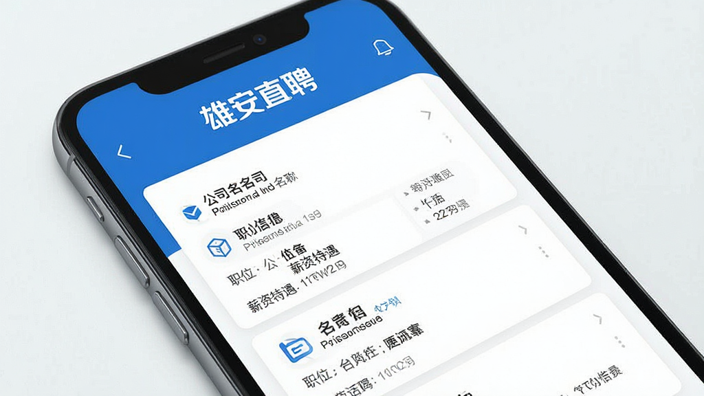 一幅现代简约风格的雄安直聘软件界面预览图,主体为手机屏幕展示,屏幕内显示清晰的“雄安直聘”品牌标识与招聘信息列表,布局采用卡片式设计,色彩以蓝白为主,突出专业、可靠、高效的气质,细节包括公司名称、职位名称、薪资待遇等文字信息,整体画质清晰干净,无多余元素。