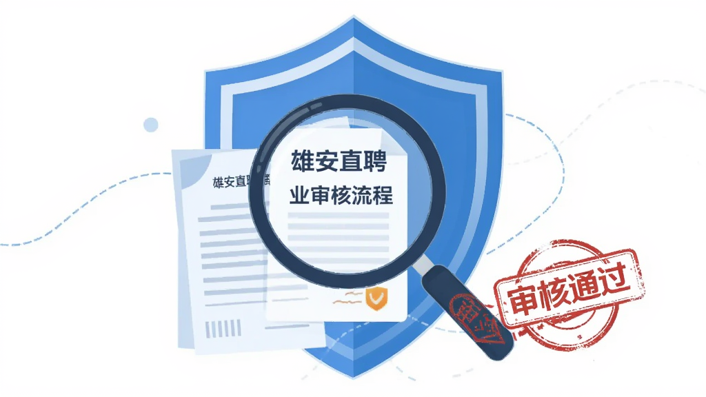 一幅雄安直聘企业审核流程的插画,主体为一个放大镜正在查验企业资质文件,背景是简洁的蓝色盾牌图形,寓意安全可靠,布局居中,风格扁平化,细节包含“雄安直聘”字样与“审核通过”印章,整体画质干净,无多余元素。