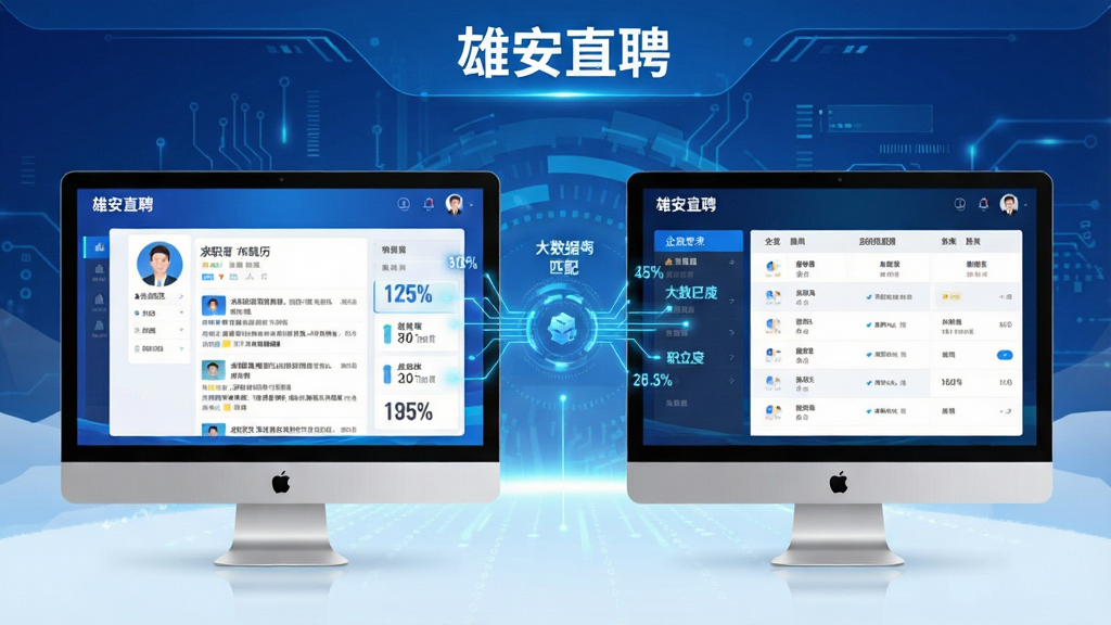 一张雄安直聘智能匹配功能示意图,主体为两台相连的设备屏幕,左侧是求职者简历界面,右侧是企业岗位需求界面,中间以发光线条连接表示大数据匹配,布局清晰,风格现代,蓝色科技感背景,细节包含“雄安直聘”文字标识和职位匹配度百分比,画质高清干净。