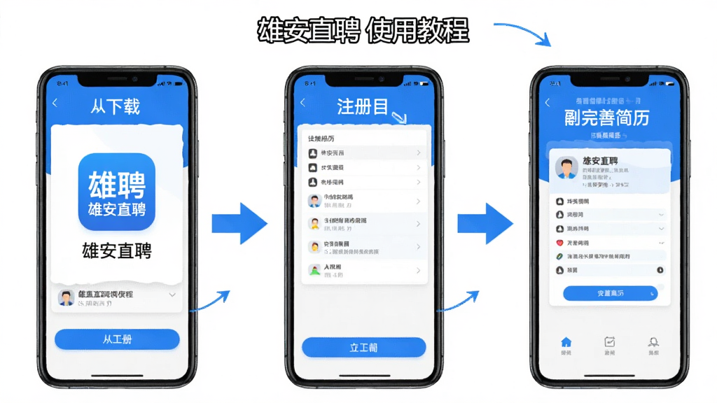 一幅雄安直聘使用教程的步骤图,主体为手机操作界面,分步骤箭头指示从下载到注册再到完善简历的流程,布局清晰,风格简洁,蓝白配色,细节有“雄安直聘”应用图标与各步骤说明文字,画质干净。