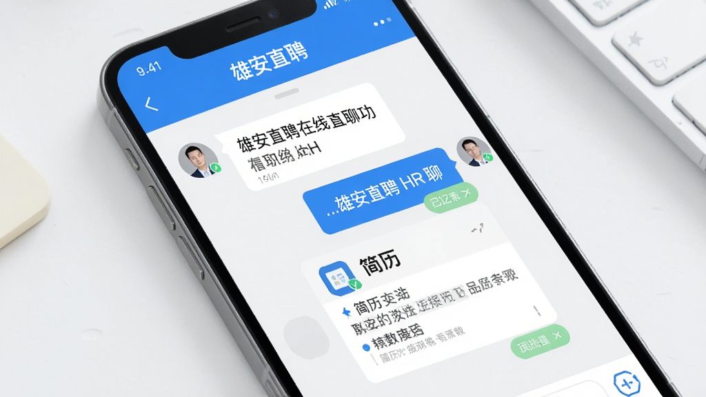 一张雄安直聘在线直聊功能的界面展示,主体为手机聊天窗口,显示求职者与HR的对话气泡,包含文字消息和简历卡片,布局简洁,风格清新,蓝白配色,细节有“雄安直聘”标识和已读回执,画质细腻干净。