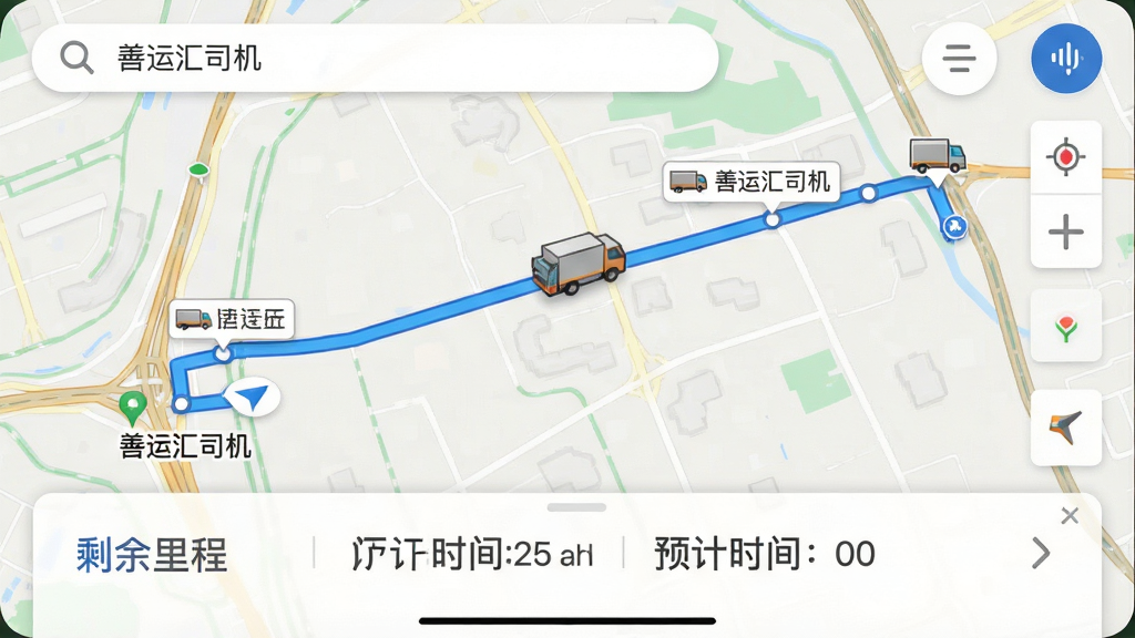 ���壺�����˻�˾�����������棬��ʾһ������㵽�յ����ɫ·�ߣ�;�����;���㣬��ͼ���л���ͼ��ʵʱ�ƶ������֣���ͼȫ��չʾ���ײ��е�����ʾ��Ƭ����ʾʣ����̺�Ԥ��ʱ�䣻�Ű棺��ͼռ�ݻ���90%���ײ���Ƭ��࣬�Ϸ�������������������ͼ�ꣻ���дʵ��ͼ��񣬵�·��ɫ����������Ϊǳɫ��ϸ�ڣ�·������������ͼ�����ԣ���Ƭ���С����˻�˾�������������ʣ����壬�޶���Ԫ�ء�