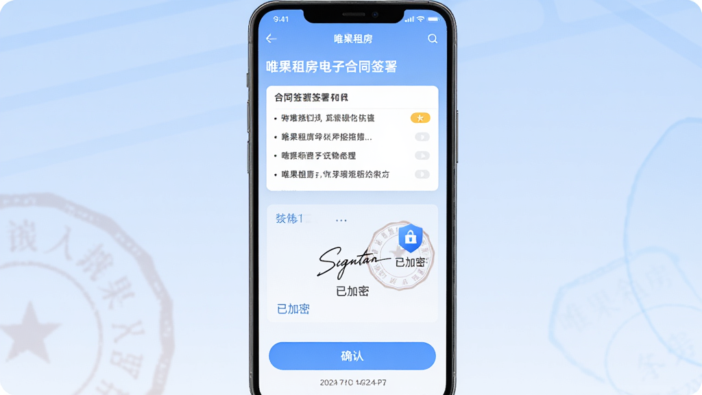 ����Ϊ��Ψ���ⷿ��Ӧ���ڵĵ��Ӻ�ͬǩ��ҳ�棬��Ļ�Ϸ���ʾ��ͬ�����������б����м���ǩ�����򣬴��С��Ѽ��ܡ�����ͼ�꣬�·���ȷ�ϰ�ť������Ϊ����ɫ���䣬���־��У������ʽ��࣬ϸ�ڰ���ӡ��ˮӡ��ʱ��������ʸ���ɾ����޶���Ԫ��