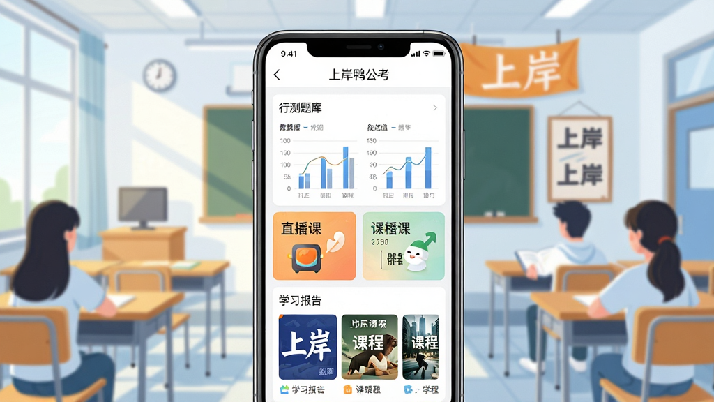 画面主体为“上岸鸭公考”APP界面,在手机屏幕上显示行测题库、直播课、学习报告等核心模块,背景是明亮的教室和励志标语“上岸”,整体布局为手机居中、四周留白,排版简洁大气,风格写实结合扁平化插画,细节包括屏幕内图表数据、课程封面缩略图,画质高清干净,无多余元素。