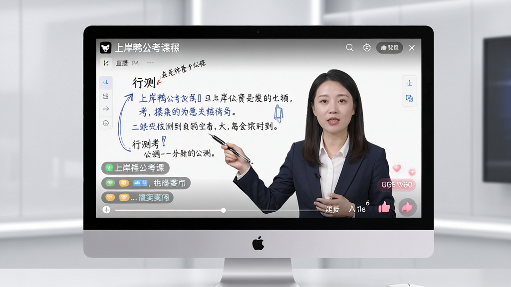 画面主体为“上岸鸭公考”APP直播课界面,教师正在讲解行测题目,屏幕上有笔迹批注和互动弹幕,背景为简洁的演播室,整体布局为电脑屏幕居中,风格专业写实,细节包括课程标题、进度条、点赞动画,画质高清干净,无多余元素。