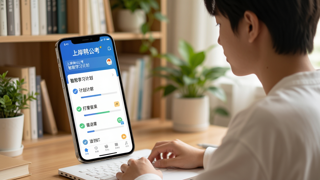 图片主体为一位考生坐在书桌前,手机屏幕显示“上岸鸭公考”的智能学习计划界面,背景是书架和绿植,整体布局为侧前方视角,风格温馨写实,细节包括计划列表、进度条、打卡图标,画质干净明亮,无多余元素。