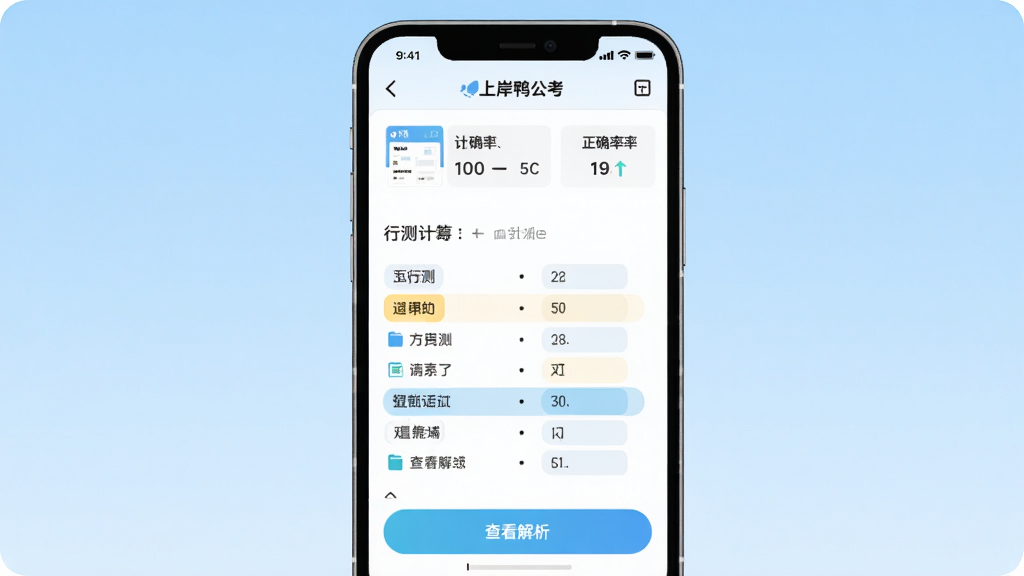 画面主体为“上岸鸭公考”APP刷题界面,显示一道行测选择题,选项高亮,下方有“查看解析”按钮,背景是浅蓝色渐变,整体布局为手机屏幕居中,风格简洁清爽,细节包括答题卡缩略图、计时器、正确率统计,画质干净无多余元素。