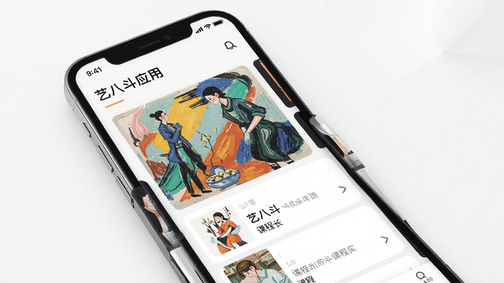 艺八斗应用主界面展示,手机屏幕内呈现精美艺术画作与课程列表,界面简洁明亮,现代扁平化设计风格,高清画质,干净无多余元素