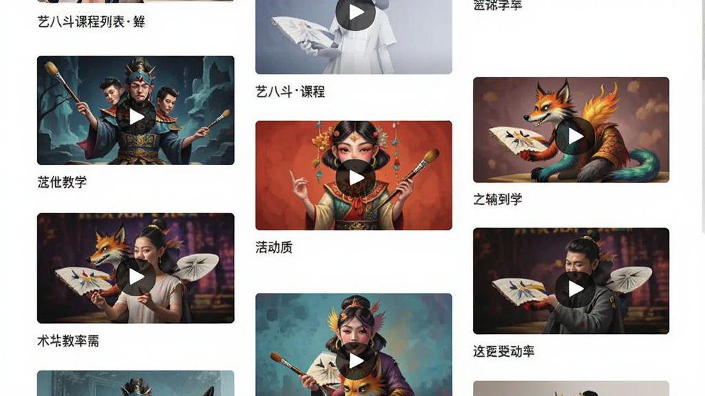 艺八斗课程列表页面,展示多个分类的艺术教学视频封面,界面错落有致,色彩丰富,高清画质,干净无多余元素