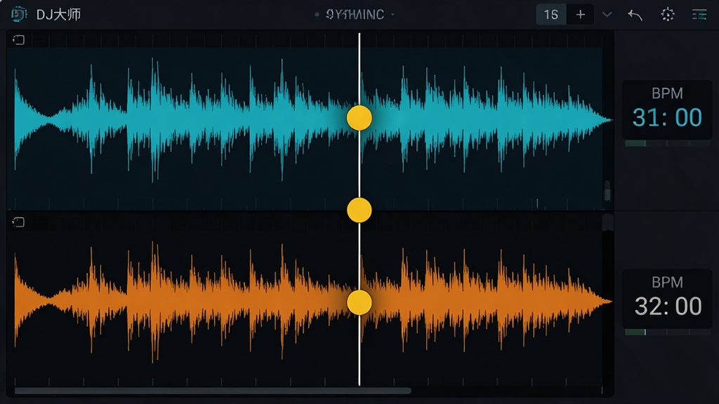 ���壺DJ��ʦ������˫�첨�ν��棬��ʾ������ͬ��ɫ�Ĳ������ߣ��м���ͬ����ǡ����֣����������������������Ҳ���BPM��ֵ��ʾ���Ű棺����ƽ�������ĵ��а�ɫ���߱�ǡ���񣺼��Ƽ��磬��ɫ������ϸ�ڣ�������ɫΪ��ɫ�ͳ�ɫ��ͬ�����Ϊ��ɫԲ�Ρ����ʣ����壬�ɾ����޶���Ԫ�ء�
