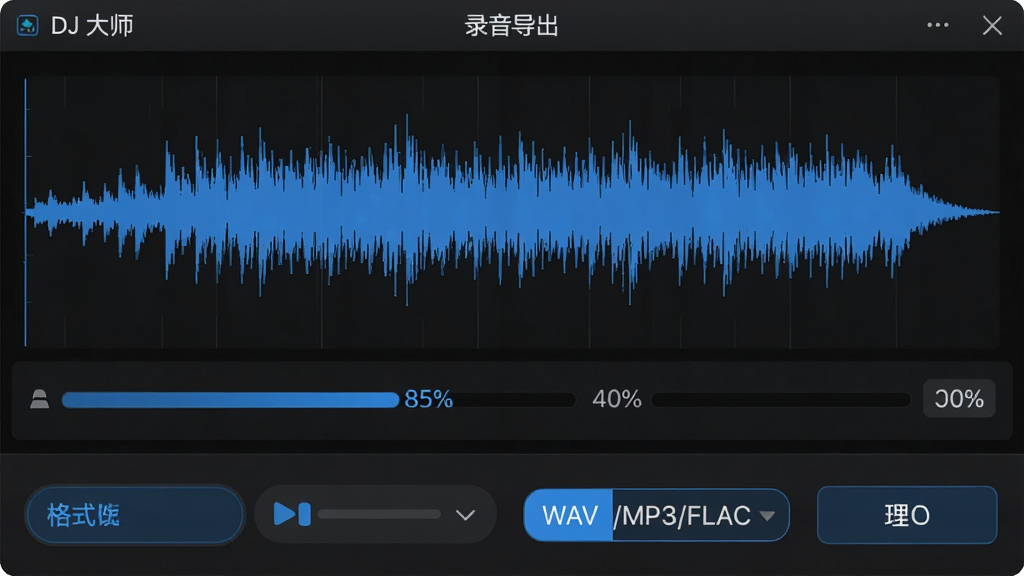 ���壺DJ��ʦ������¼���������棬��ʾ¼���������͵�������ѡ����֣�������¼������ʵʱ��ʾ���·��и�ʽѡ��˵����Ű棺���ֱ�ۣ���ť���ԡ������ɫרҵ�磬������ɫ������ϸ�ڣ��������аٷֱ����֣���ʽ�˵���WAV/MP3/FLACѡ����ʣ����壬�ɾ����޶���Ԫ�ء�