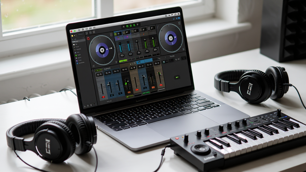 ���壺DJ��ʦ�����ڱʼǱ����������У��Ա��ж�����MIDI�����������֣�������Ļ��ʾ�������棬�ⲿ�豸Χ�ưڷš��Ű棺�������࣬������͡���������������Ȼ�⡣ϸ�ڣ���Ļ���������ɱ棬�豸��Ʒ�Ʊ�ʶ�����ʣ����壬�ɾ����޶���Ԫ�ء�
