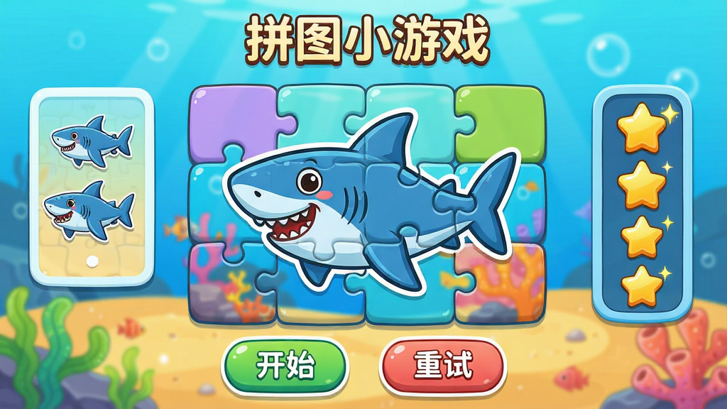 主体:一个色彩缤纷的海洋主题拼图游戏界面,正在拼一只鲨鱼。布局:拼图区域居中,左侧有提示图,右侧有星星奖励栏。排版:上方有“拼图小游戏”标题,下方有“开始”“重试”按钮。风格:卡通UI风格,按钮圆润可爱,色彩鲜艳。细节:拼图块边缘圆滑,鲨鱼图案清晰,星星奖励闪烁,界面干净整洁。画质:高清,细腻,无多余元素。