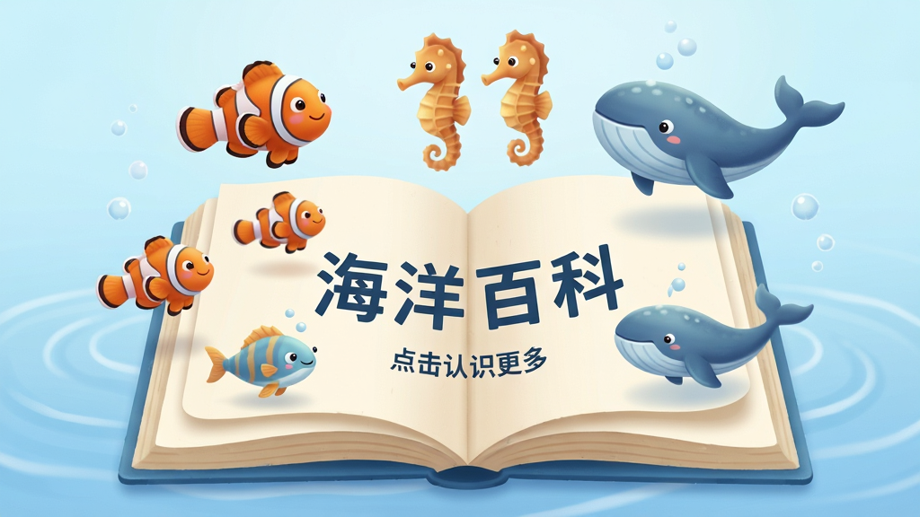 主体:一本打开的海洋百科书,书页上浮现出立体的小丑鱼、海马、鲸鱼等生物动画。布局:书本居中,动画生物围绕书本上方,背景是淡蓝色渐变。排版:书页上写着“海洋百科”,下方有“点击认识更多”提示。风格:绘本风格,柔和温馨,色彩淡雅。细节:生物们都有可爱的表情,书本有翻页动画,背景有轻微波纹。画质:高清,干净,无多余元素。