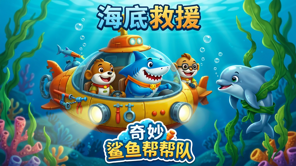 主体:鲨鱼帮帮队成员驾驶着潜水艇在海底探险,遇到一只被困的小海豚。布局:潜水艇位于画面中央,鲨鱼队长在驾驶舱内,小海豚在右侧被水草缠住,其他队员准备救援。排版:画面下方有“奇妙鲨鱼帮帮队”标志,上方是“海底救援”标题。风格:动画风格,色彩明亮,细节丰富。细节:潜水艇有探照灯,水草轻轻飘动,气泡上升,救援工具清晰可见。画质:高清,干净。