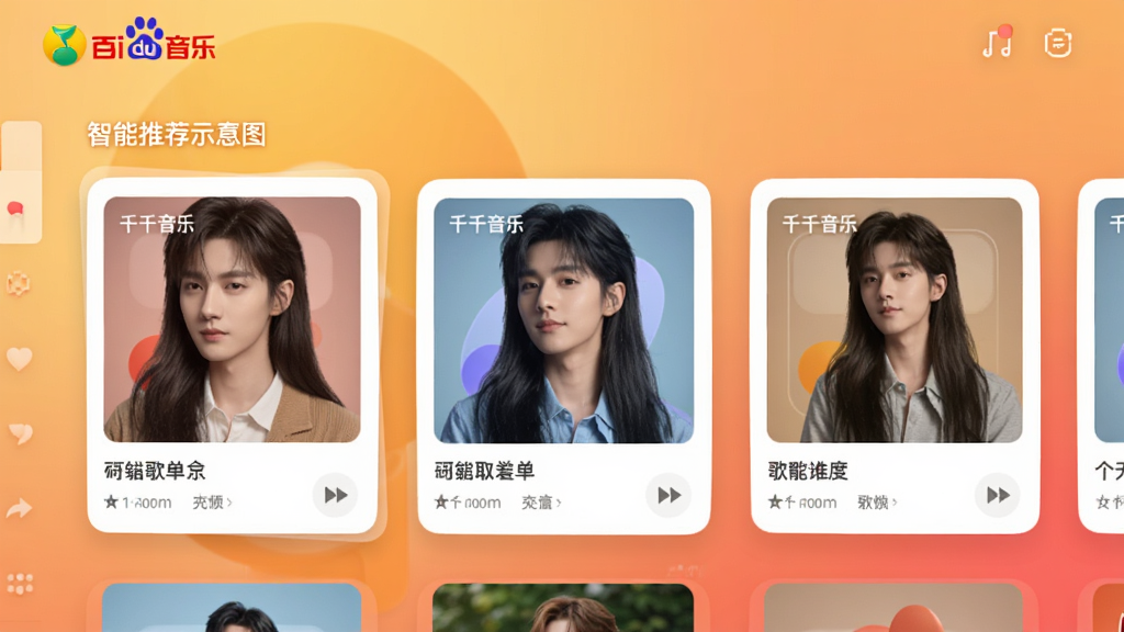 千千音乐(原百度音乐)智能推荐界面示意图,展示个性化歌单卡片,背景为柔和渐变,风格温馨,画质清晰干净,无多余元素