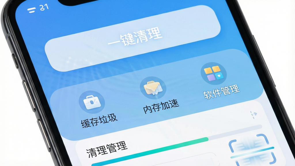 一张展示手机屏幕界面的高清图片,主体是手机一键清理加速APP的主界面,布局简洁,顶部显示“一键清理”大按钮,下方分类显示缓存垃圾、内存加速、软件管理,背景为淡蓝色渐变,风格现代简约,细节有扫描动画和清理进度条,画质清晰,干净无多余元素