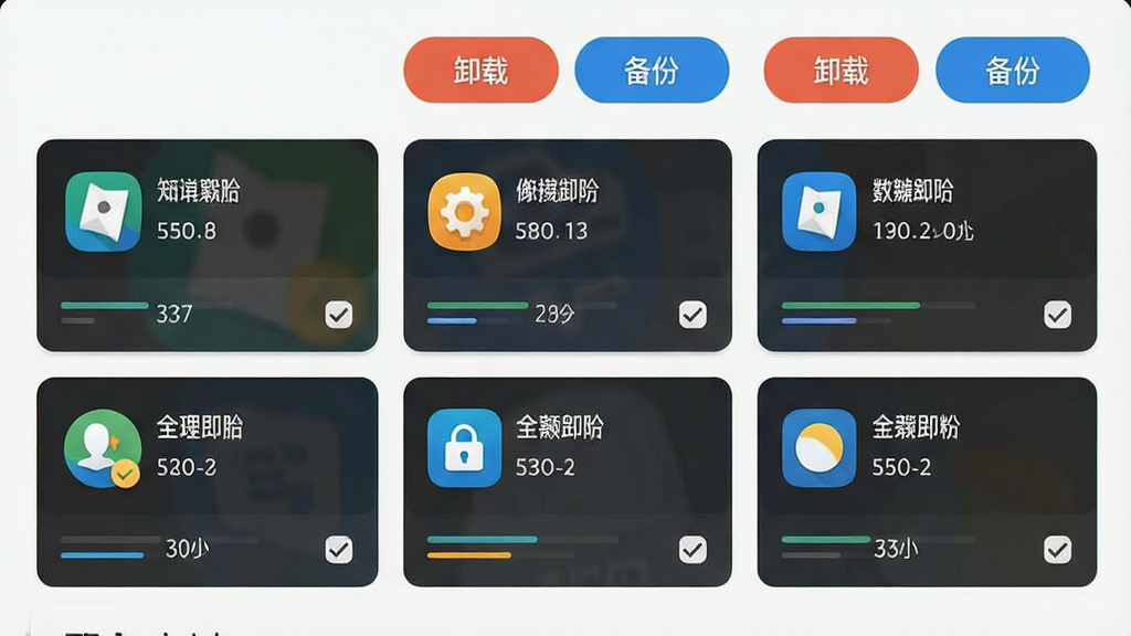 一张应用管理界面的图片,主体是手机一键清理加速的软件管理页面,布局为卡片式网格,每个应用卡片显示图标、名称和大小,顶部有“卸载”和“备份”按钮,风格简洁明亮,细节有进度条和勾选标记,画质清晰,干净无多余元素