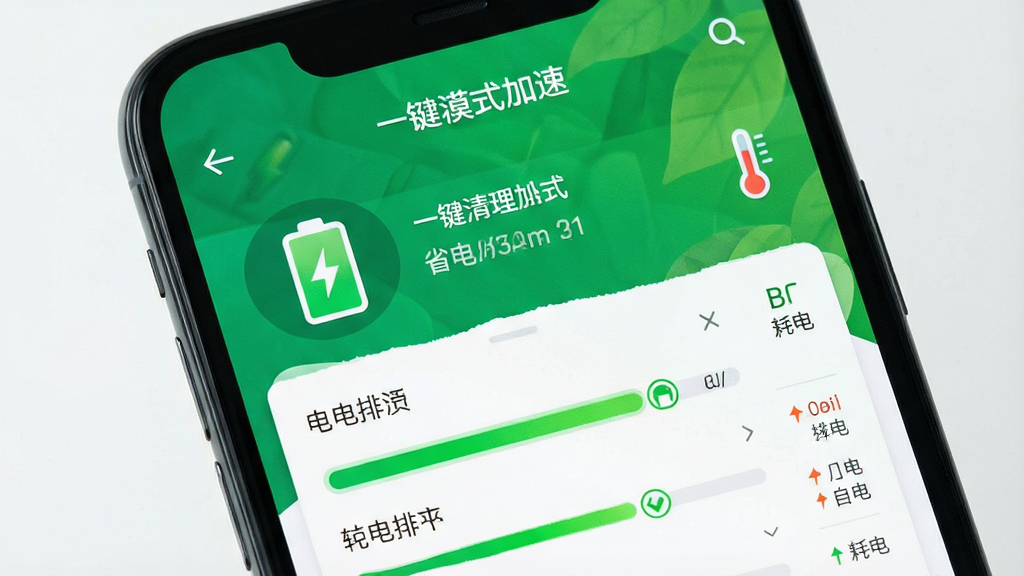 一张省电优化界面的图片,主体是手机一键清理加速的省电模式页面,布局有电池图标和耗电排行列表,风格清新自然,细节有绿色能量条和温度计图标,画质清晰,干净无多余元素