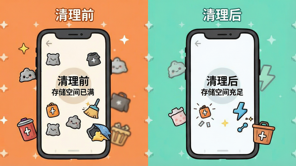 一张手机清理加速使用教程的示意图,主体是手机屏幕显示清理前后的对比效果,左侧显示“清理前 存储空间已满”,右侧显示“清理后 存储空间充足”,布局为左右对比,风格卡通可爱,细节有垃圾图标被清理干净,画质清晰,干净无多余元素
