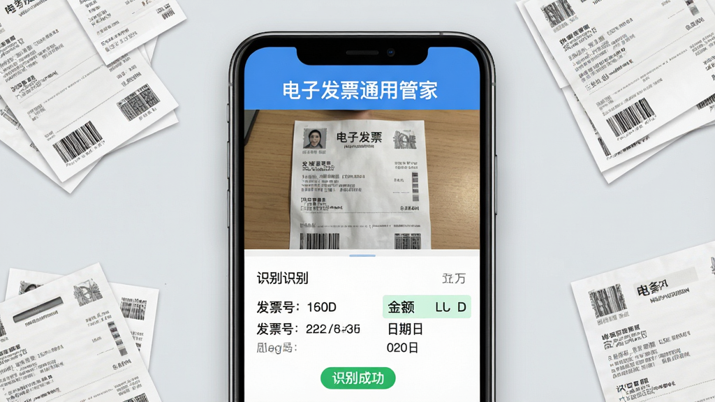 ���壺���ӷ�Ʊͨ�ùܼ��ֻ�Ӧ�ý��棬չʾ����ʶ��Ʊ�����̣��ֻ���Ļ����ʾ��Ʊ��Ƭ��ʶ���������֡����ӷ�Ʊͨ�ùܼҡ������ڽ��涥�������֣��ֻ����У���Χ�з�ƱͼƬɢ�䣬����Ϊǳ��ɫ���档�Ű棺�ֻ�����������ʶ�����ֶθ�����ʾ�����ʵ�ü�࣬ͻ�����ܡ�ϸ�ڣ�ʶ����������Ʊ���롢�����ڵȣ������С�ʶ��ɹ�����ʾ�����ʣ��������ȣ��ɾ����ࡣ
