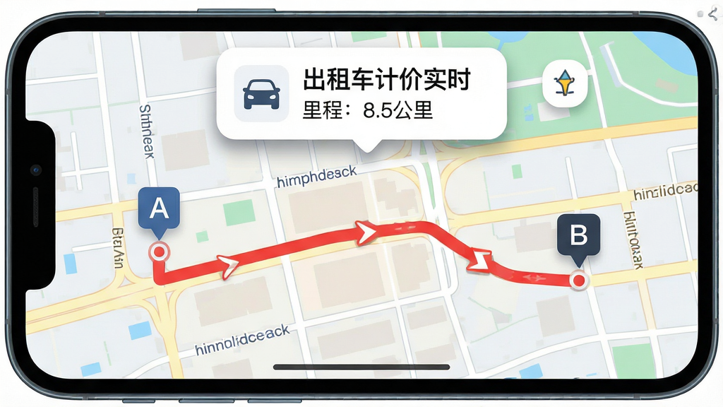 ���壺�ֻ���������չʾһ�Ŷ�̬���е�ͼ����ͼ����һ����Ŀ�ĺ�ɫ��ʻ�켣�ߣ�����ע��A�����յ��ע��B������ͼ�Ϸ�����һ����Ϣ��Ƭ��ʾ�����⳵�Ƽ�ʵʱ ��̣�8.5��������֣���ͼռ�ݻ���󲿷֣���Ϣ��Ƭλ�ڶ������롣�Ű棺·��������ͼ����������񣺱�ƽ����ͼ���ɫ�����£���Ϣ�㼶������ϸ�ڣ���ͼ���нֵ����ƣ��켣�ߴ��з����ͷ����Ƭ��Բ����Ӱ�����ʣ����壬�ɾ����޶���Ԫ�ء�
