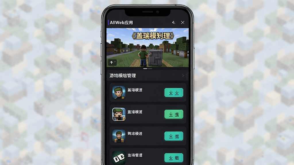 主体:AllWeb应用中的“游戏模组管理”页面,展示《盖瑞模组》的模组列表与下载进度。布局:手机屏幕居中,上方为游戏封面图,下方为模组列表,每个模组带有图标、名称和下载按钮。排版:列表式布局,信息层级分明。风格:游戏化UI风格,深色背景搭配高亮按钮。画质:高清,细腻,无多余元素。