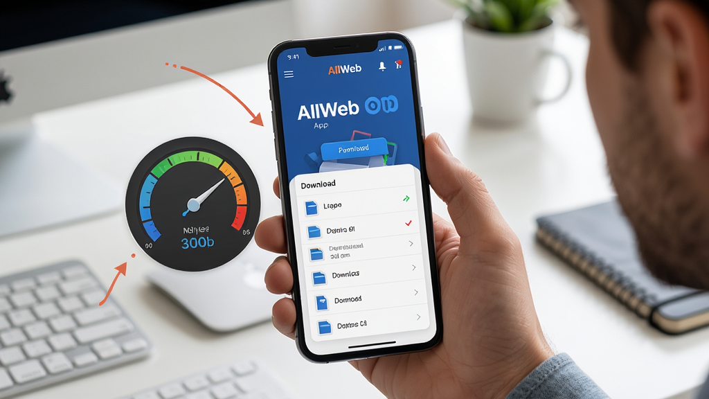 主体:一位用户手持手机,屏幕显示AllWeb应用的下载管理界面,背景为整洁的桌面。布局:手机居中,侧面有下载速度仪表盘和文件列表。排版:简洁明了,突出应用界面。风格:写实生活照风格,光线柔和。画质:清晰,细节丰富,无多余元素。