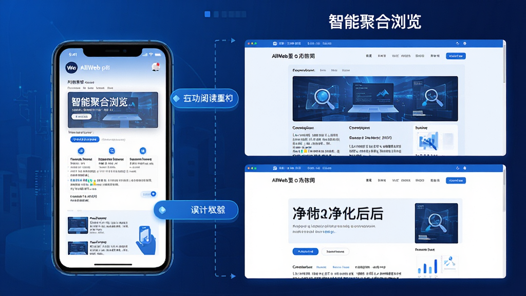 主体:AllWeb应用中的“智能聚合浏览”功能界面,展示一个网页被清晰重构为无广告的阅读模式。布局:左侧为手机框架,右侧为功能对比图,上半部分为杂乱的原网页,下半部分为净化后的简洁页面。排版:对比强烈,功能标注清晰。风格:科技感插画风,蓝白主色调。画质:精细,干净,无多余元素。