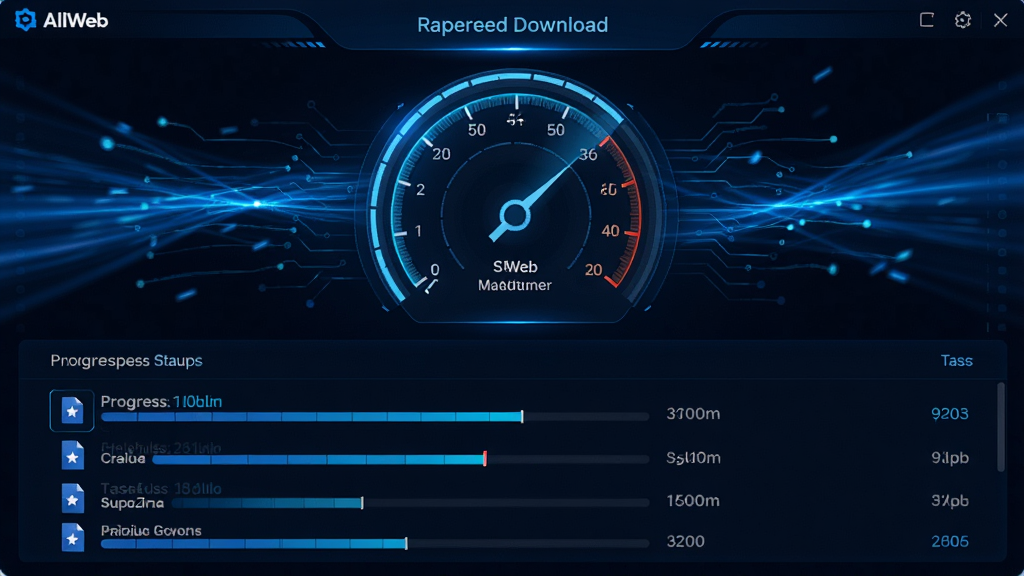 主体:AllWeb应用的多线程下载界面,显示多个文件同时高速下载的实时状态。布局:界面中央为动态速度仪表盘,下方为任务列表,每个任务有进度条和速度标识。排版:数据可视化,直观清晰。风格:科技蓝动态效果,线条流动。画质:高清,动态感强,无多余元素。