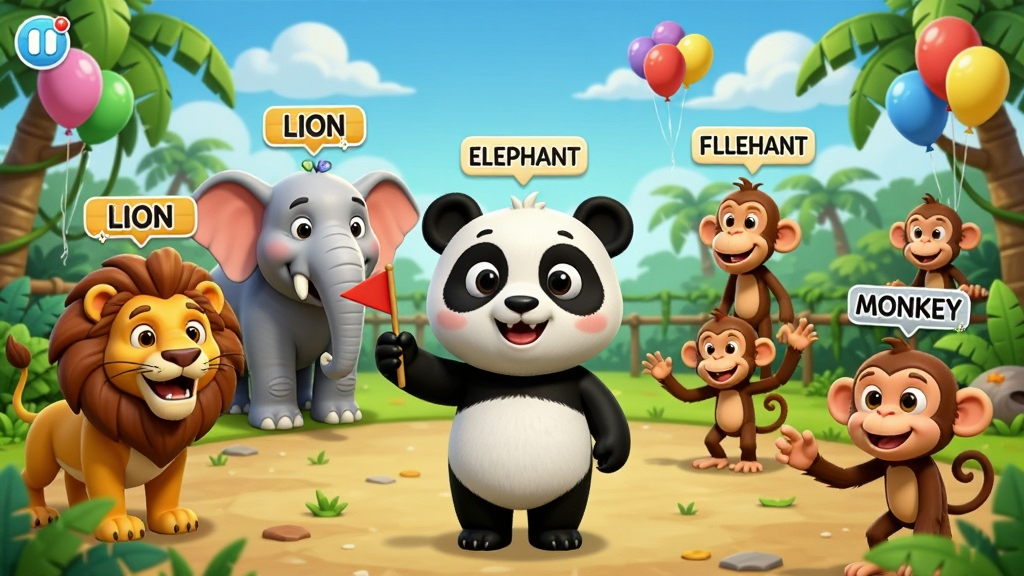 画面主体为Panda English应用内的3D动物园场景,一只熊猫导游举着小旗子,周围有狮子、大象、猴子等卡通动物。布局采用广角全景构图,展现丰富的场景细节,各个动物分布在画面不同位置,每个动物旁边悬浮着对应的英文单词标签。背景是蓝天白云和热带树木,彩色气球点缀空中。整体排版活泼热闹,3D卡通渲染风格,细节包括动物们可爱的表情和互动动作,单词标签清晰标注