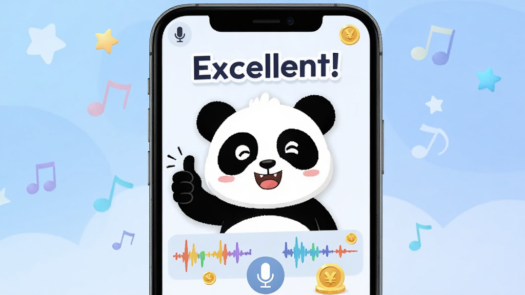 画面主体为智能手机屏幕特写,屏幕上显示Panda English应用的AI语音评测界面,一只卡通熊猫竖起大拇指表扬。布局采用手机居中构图,手机屏幕朝向前方,屏幕内可见彩色波形图和一个大大的