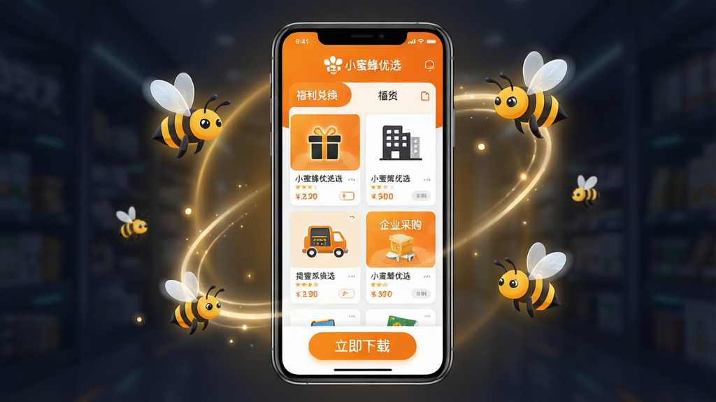 主体:小蜜蜂优选APP的完整界面展示,手机屏幕内显示丰富的商品列表和福利兑换专区,上方有“小蜜蜂优选”品牌Logo。布局:手机居中,屏幕内容清晰可见,周围有简洁的光效和漂浮的蜜蜂元素,底部有“立即下载”按钮。排版:界面采用列表式布局,商品卡片整齐排列,色彩以橙色和白色为主,重点突出“福利兑换”“企业采购”入口。风格:现代扁平化,色彩明亮,富有科技感和商务感。细节:手机屏幕反射出柔和光泽,蜜蜂元素带有翅膀动画效果,商品图片清晰,文字“小蜜蜂优选”与“提货系统”醒目。画质:高清渲染,干净无多余元素。