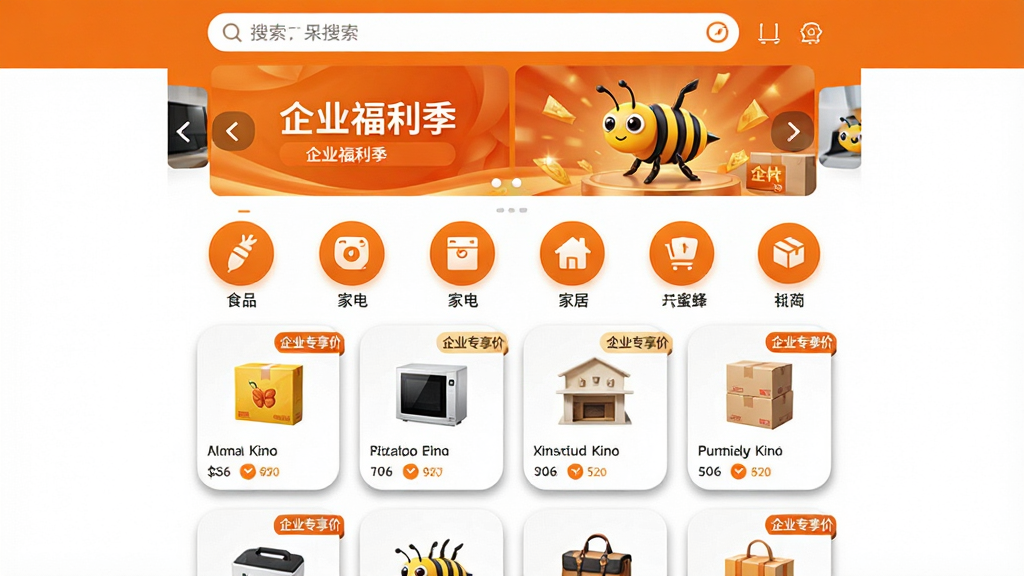 主体:小蜜蜂优选APP的企业采购商城页面,展示多个商品分类图标和精选商品横幅。布局:顶部为搜索栏和轮播图,中部为分类导航图标,下方为商品瀑布流。排版:信息层级分明,分类图标为圆形,商品卡片带阴影,背景为白色。风格:明快商务风,主色调为橙色和白色,视觉引导性强。细节:分类图标包括“食品”“家电”“家居”等,轮播图显示“企业福利季”活动,商品卡片带有“企业专享价”标签。画质:高清,干净,无多余元素。