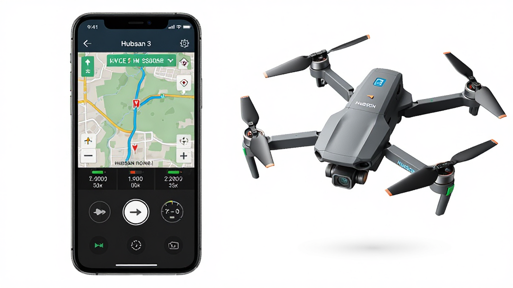 主体:Hubsan 3应用界面与无人机联动场景,布局:手机屏幕中显示飞行控制界面,旁边悬浮一架哈博森无人机,排版:居中构图,界面元素清晰可见,风格:科技感与现代感结合,细节:屏幕中显示地图、电量、速度等参数,画质:超高清,干净,无多余元素