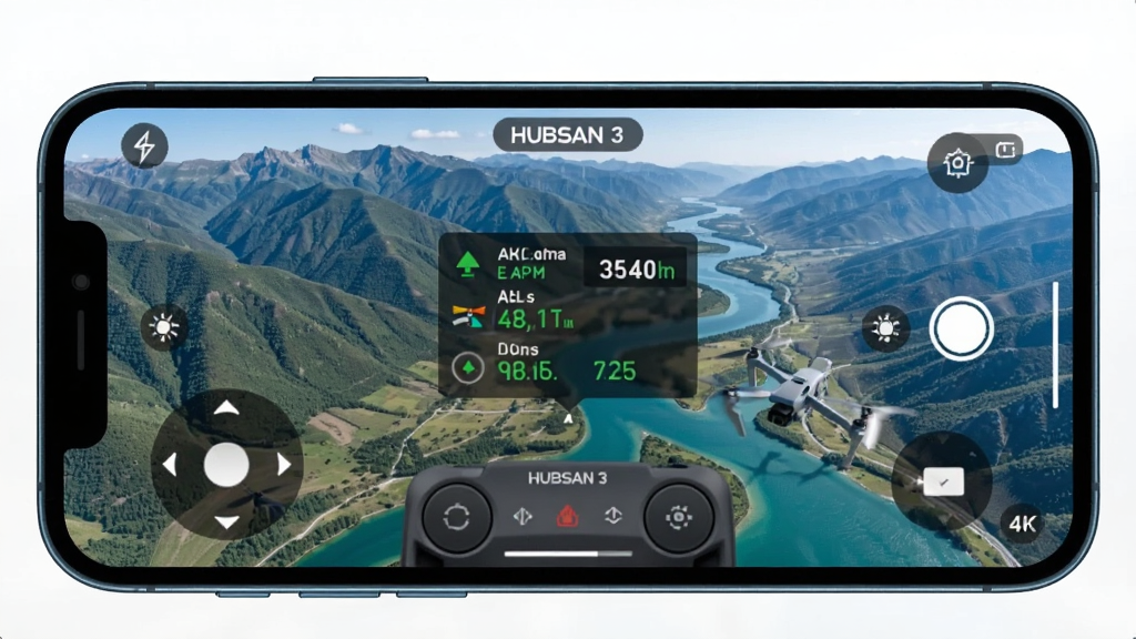 主体:Hubsan 3实时图传画面,布局:手机横屏显示航拍景象,画面中央有飞行参数浮窗,排版:全屏显示,底部有虚拟摇杆,风格:写实航拍风格,细节:画面中的山川河流清晰可见,图传无卡顿,画质:4K超清,干净,无多余元素