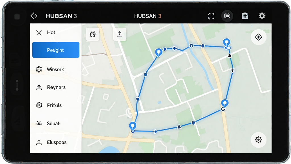主体:Hubsan 3智能飞行模式界面,布局:屏幕展示地图与航线规划,左侧有模式选择列表,排版:清晰的功能分区,风格:简约科技风,细节:航线以蓝色线条显示,设有多个航点标记,画质:高分辨率,干净,无多余元素