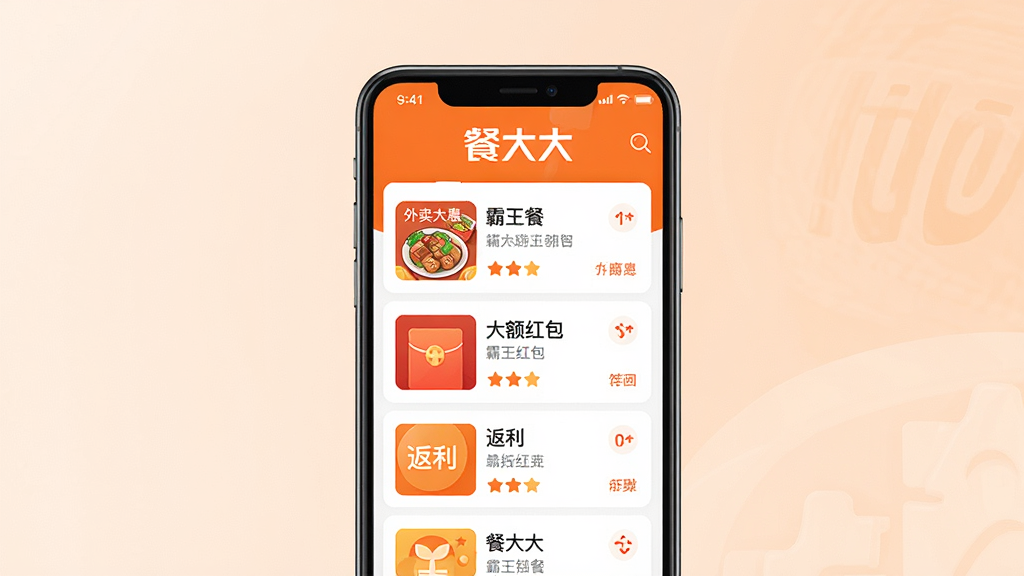 主体:餐大大APP界面展示,手机屏幕内显示外卖优惠列表和霸王餐活动页面,带有“餐大大”品牌logo;布局:手机居中,界面清晰,上方为品牌标识,下方为功能列表;排版:简洁大方,信息层次分明;风格:现代扁平化设计,色彩明快,以橙色和白色为主色调;细节:界面中展示“霸王餐”、“大额红包”、“返利”等字样,背景为淡雅渐变色;画质:高清渲染,干净,无多余元素