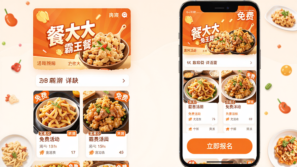 主体:餐大大APP霸王餐活动页面,展示免费套餐图片和“立即报名”按钮;布局:手机竖屏界面,上方为活动头图,中间为套餐详情,下方为报名按钮;排版:图文并茂,按钮醒目;风格:活泼热情,橙色主调;细节:套餐图片诱人,带有“免费”标签,背景有美食元素点缀;画质:高清,干净,无多余元素
